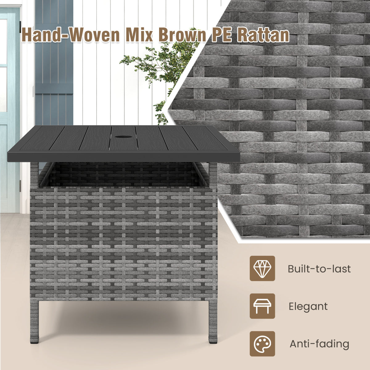 Patio Square Wicker Side Table with Umbrella Hole for Yard-Gray