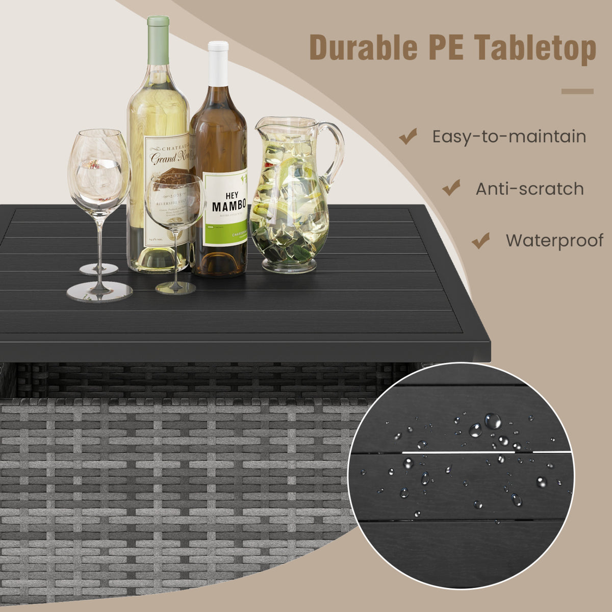 Patio Square Wicker Side Table with Umbrella Hole for Yard-Gray