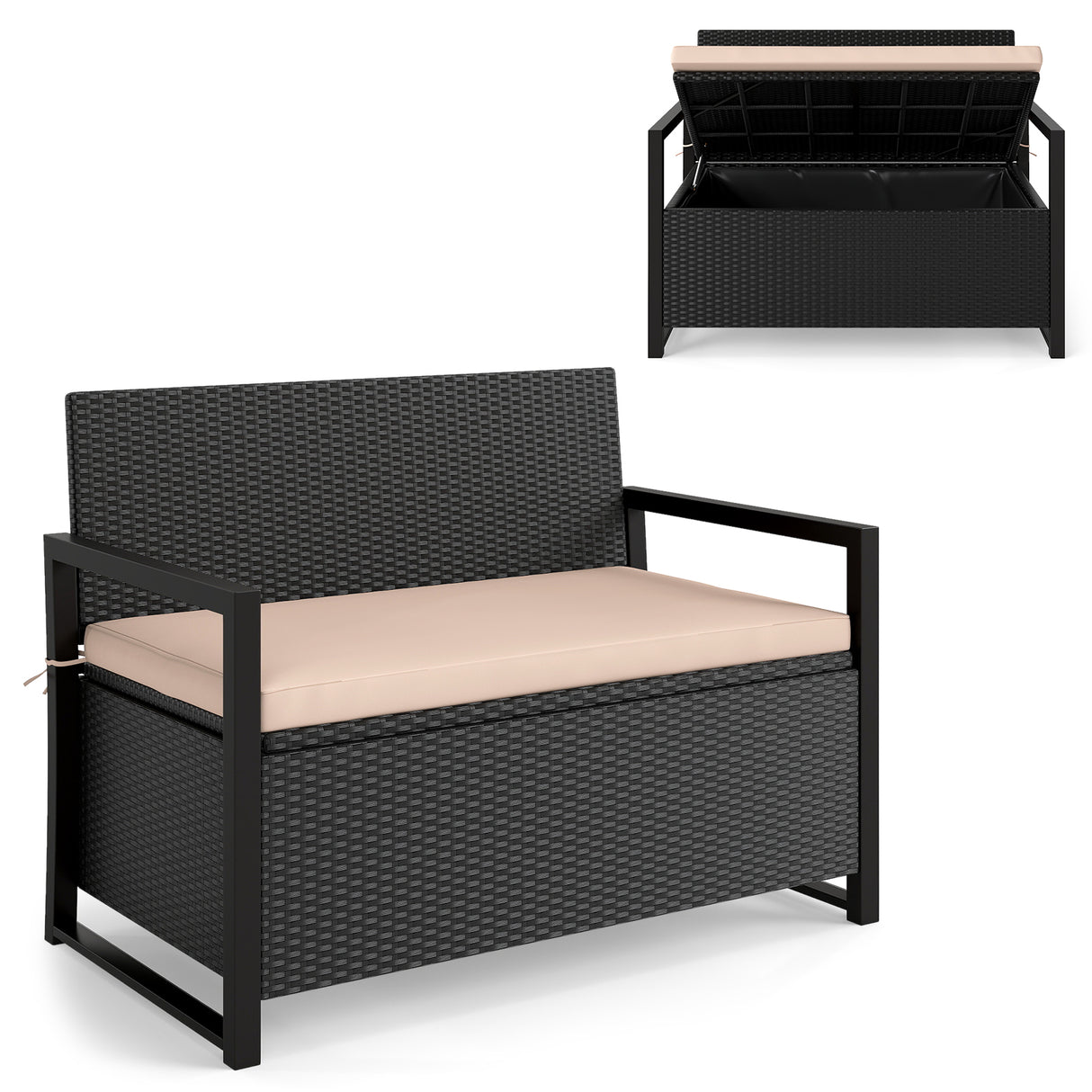Patio Storage Bench Outdoor Wicker Loveseat with Built-in Storage