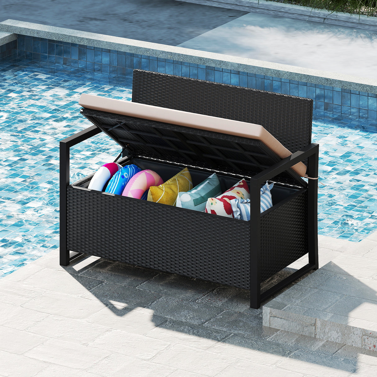 Patio Storage Bench Outdoor Wicker Loveseat with Built-in Storage