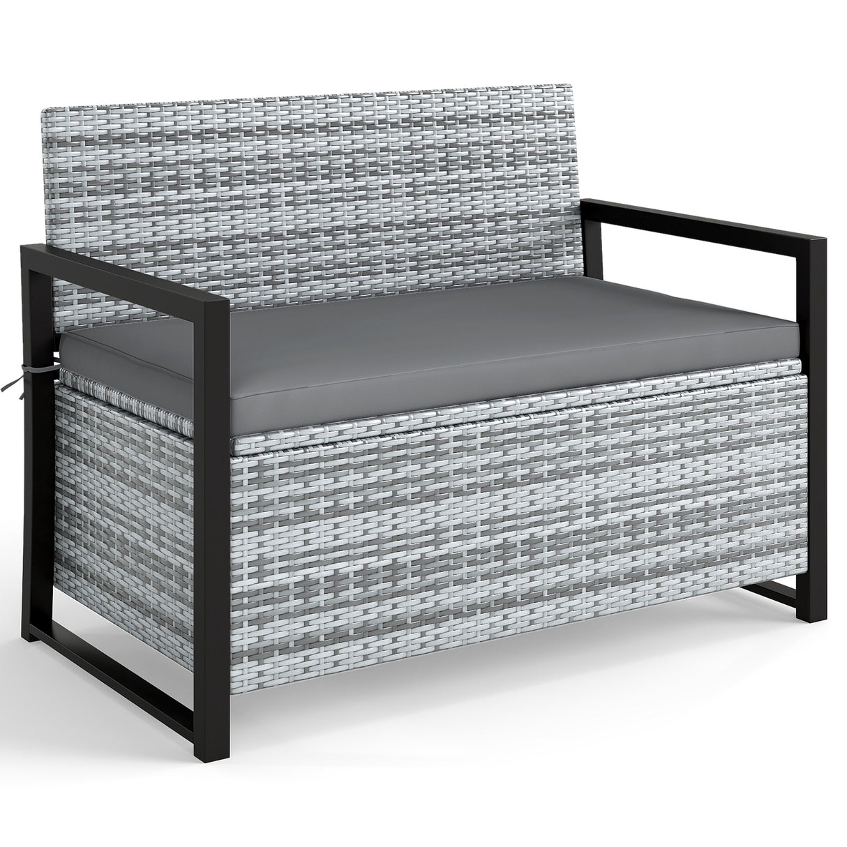 Patio Storage Bench Outdoor Wicker Loveseat with Built-in Storage-Gray