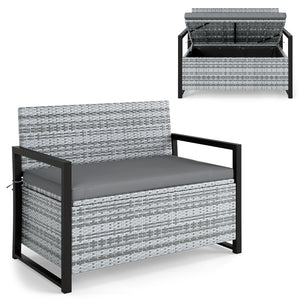 Patio Storage Bench Outdoor Wicker Loveseat with Built-in Storage-Gray