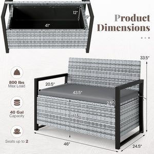 Patio Storage Bench Outdoor Wicker Loveseat with Built-in Storage-Gray