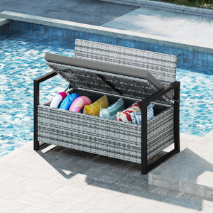 Patio Storage Bench Outdoor Wicker Loveseat with Built-in Storage-Gray