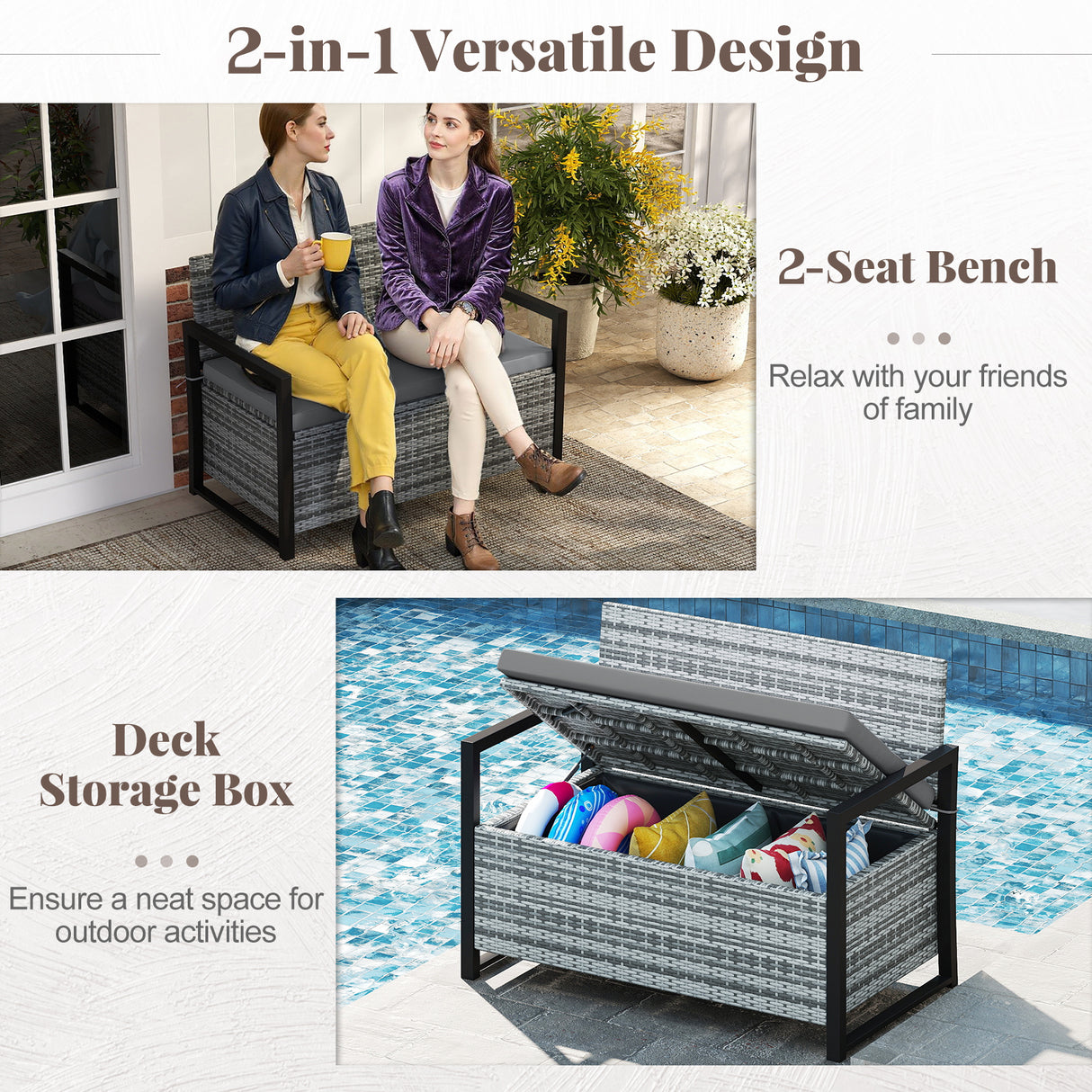 Patio Storage Bench Outdoor Wicker Loveseat with Built-in Storage-Gray