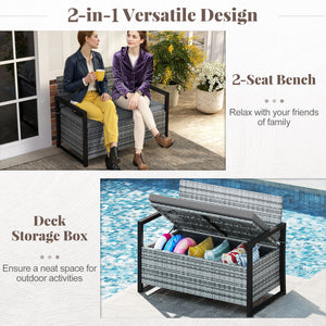 Patio Storage Bench Outdoor Wicker Loveseat with Built-in Storage-Gray