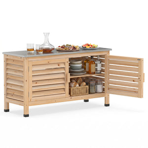 Patio Storage Cabinet with Stainless Steel Countertop and L-Shaped Shelf for Garden-Natural