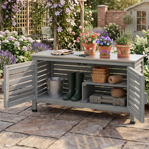 Patio Storage Cabinet with Stainless Steel Countertop and L-Shaped Shelf for Garden-Gray