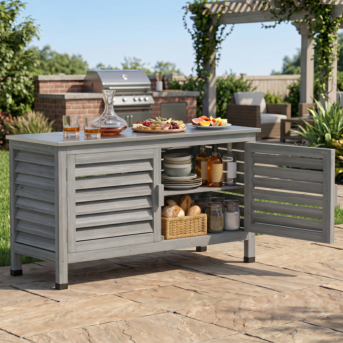 Patio Storage Cabinet with Stainless Steel Countertop and L-Shaped Shelf for Garden-Gray