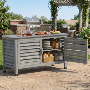 Patio Storage Cabinet with Stainless Steel Countertop and L-Shaped Shelf for Garden-Gray