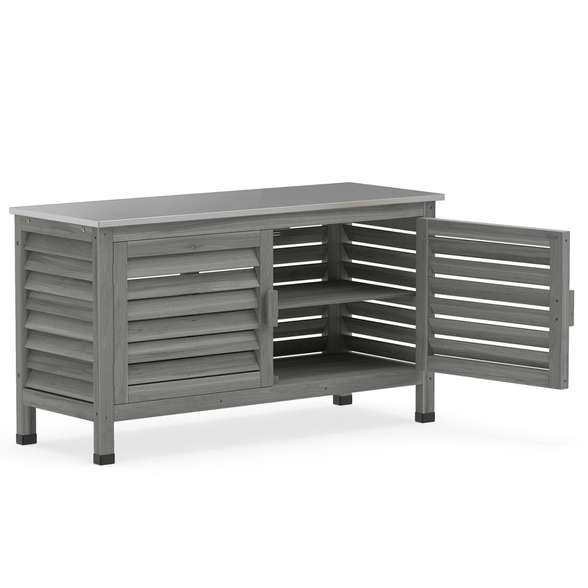 Patio Storage Cabinet with Stainless Steel Countertop and L-Shaped Shelf for Garden-Gray