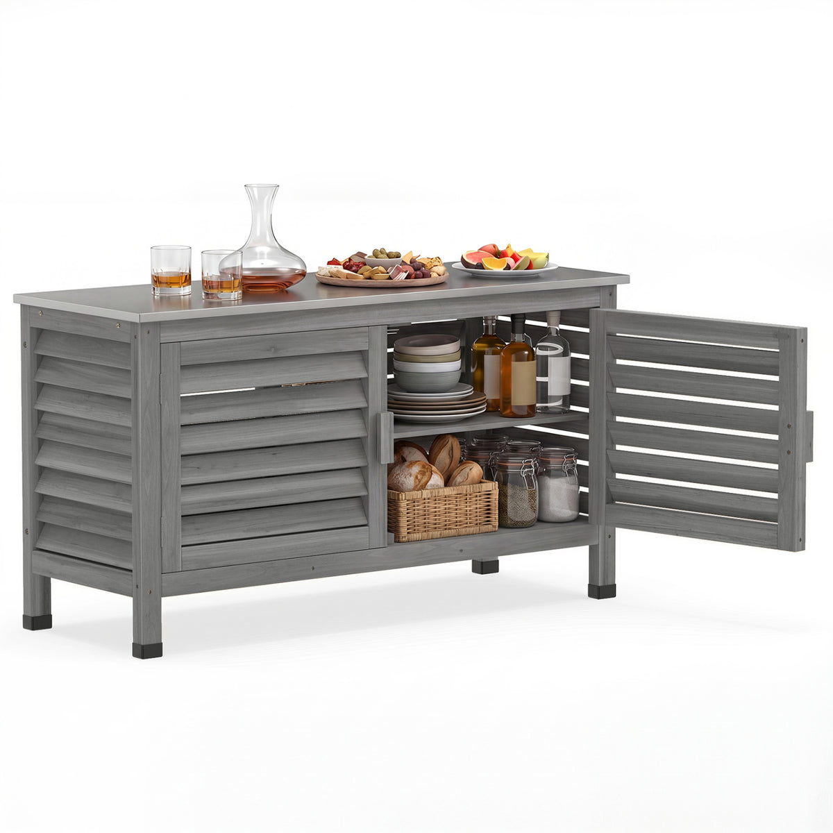Patio Storage Cabinet with Stainless Steel Countertop and L-Shaped Shelf for Garden-Gray