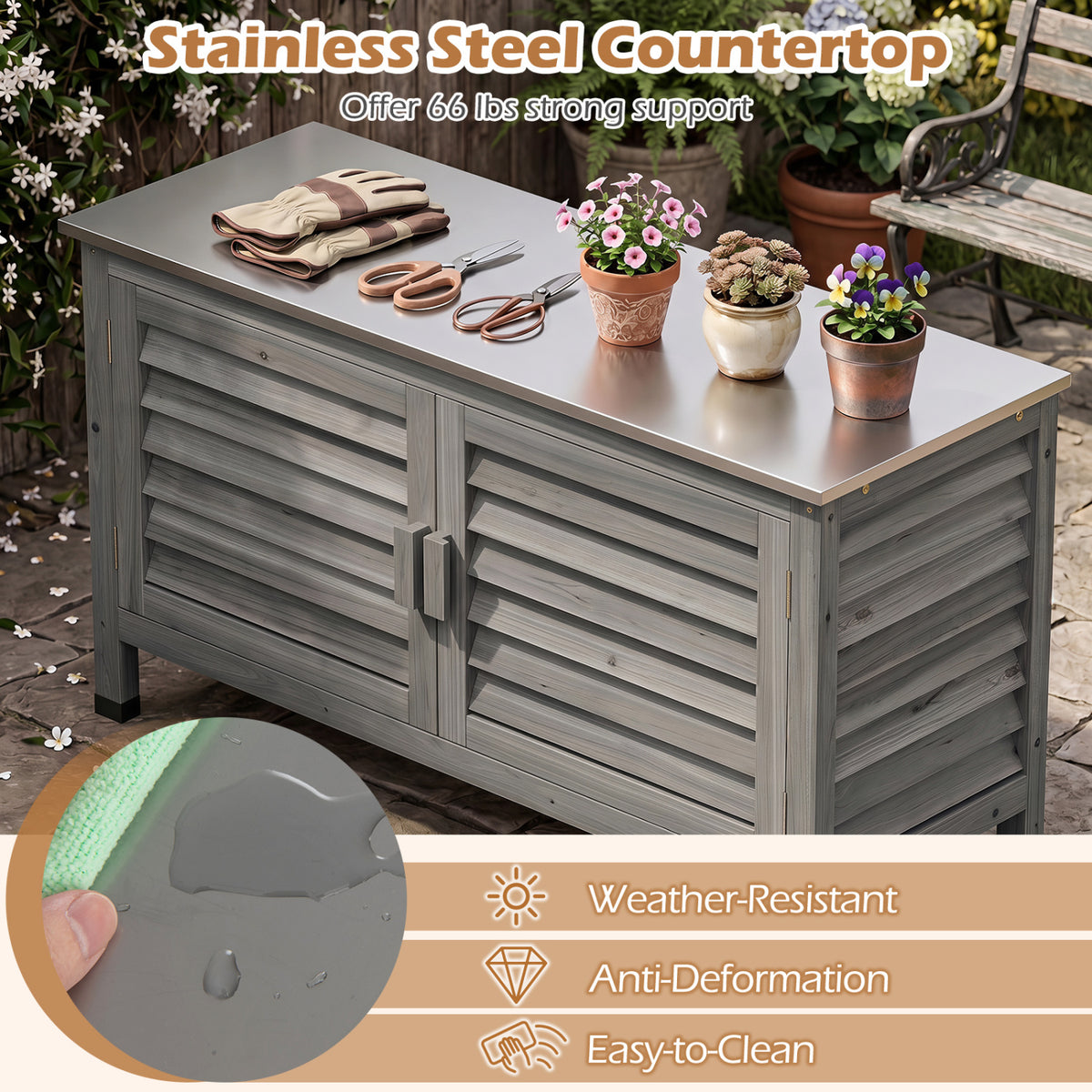 Patio Storage Cabinet with Stainless Steel Countertop and L-Shaped Shelf for Garden-Gray