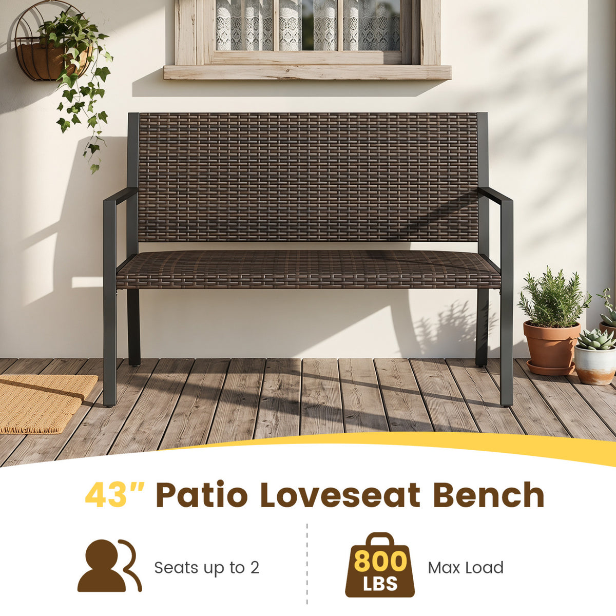Patio Sun-Proof Rattan Loveseat with Soft Sponge Seat-Brown