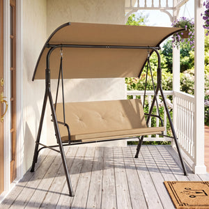 Patio Swing Chair with Adjustable Canopy & Removable Cushion and Metal Stand-Beige