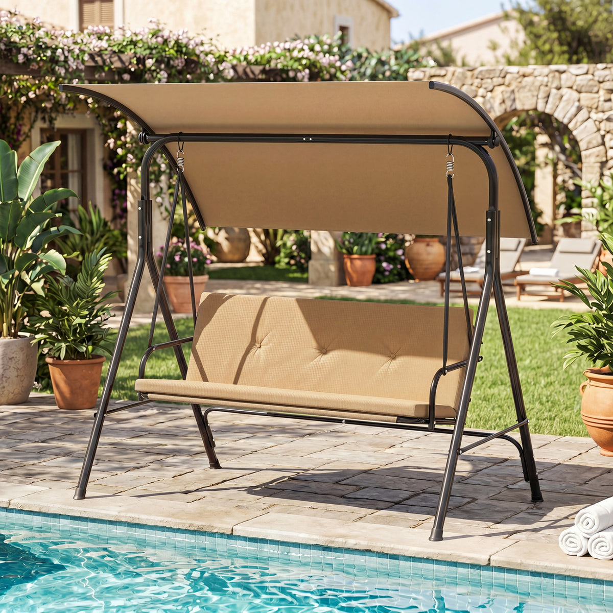 Patio Swing Chair with Adjustable Canopy & Removable Cushion and Metal Stand-Beige
