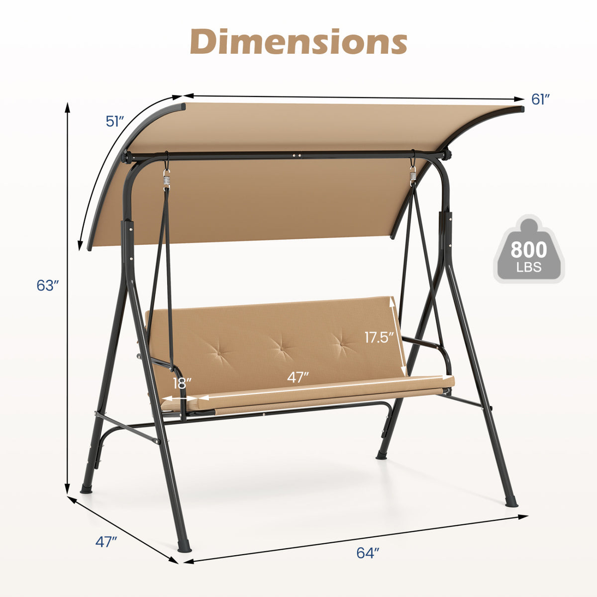 Patio Swing Chair with Adjustable Canopy & Removable Cushion and Metal Stand-Beige