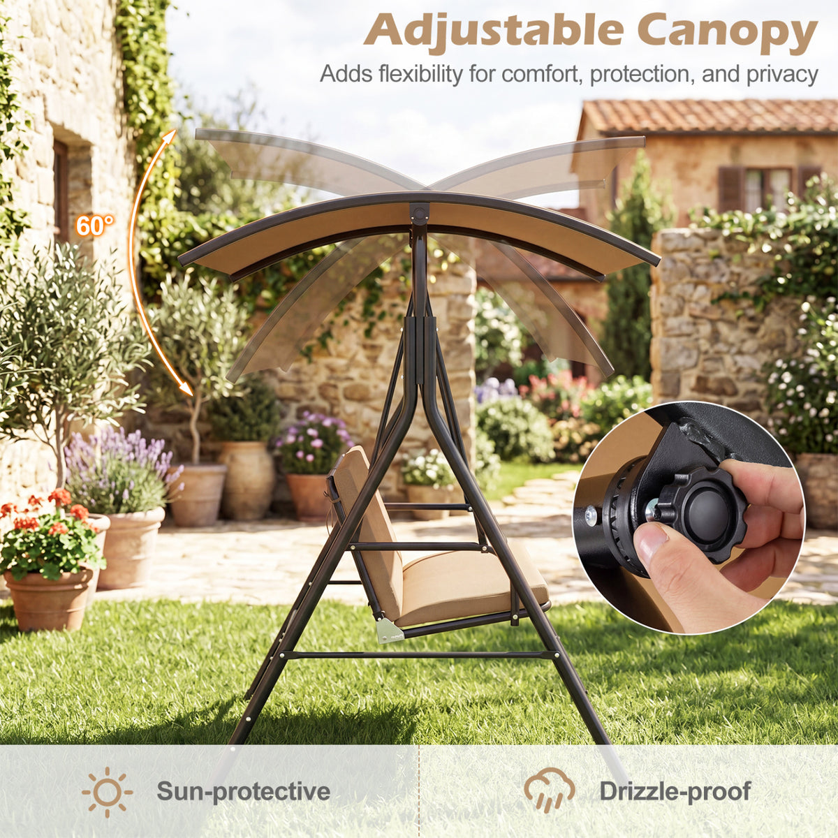 Patio Swing Chair with Adjustable Canopy & Removable Cushion and Metal Stand-Beige