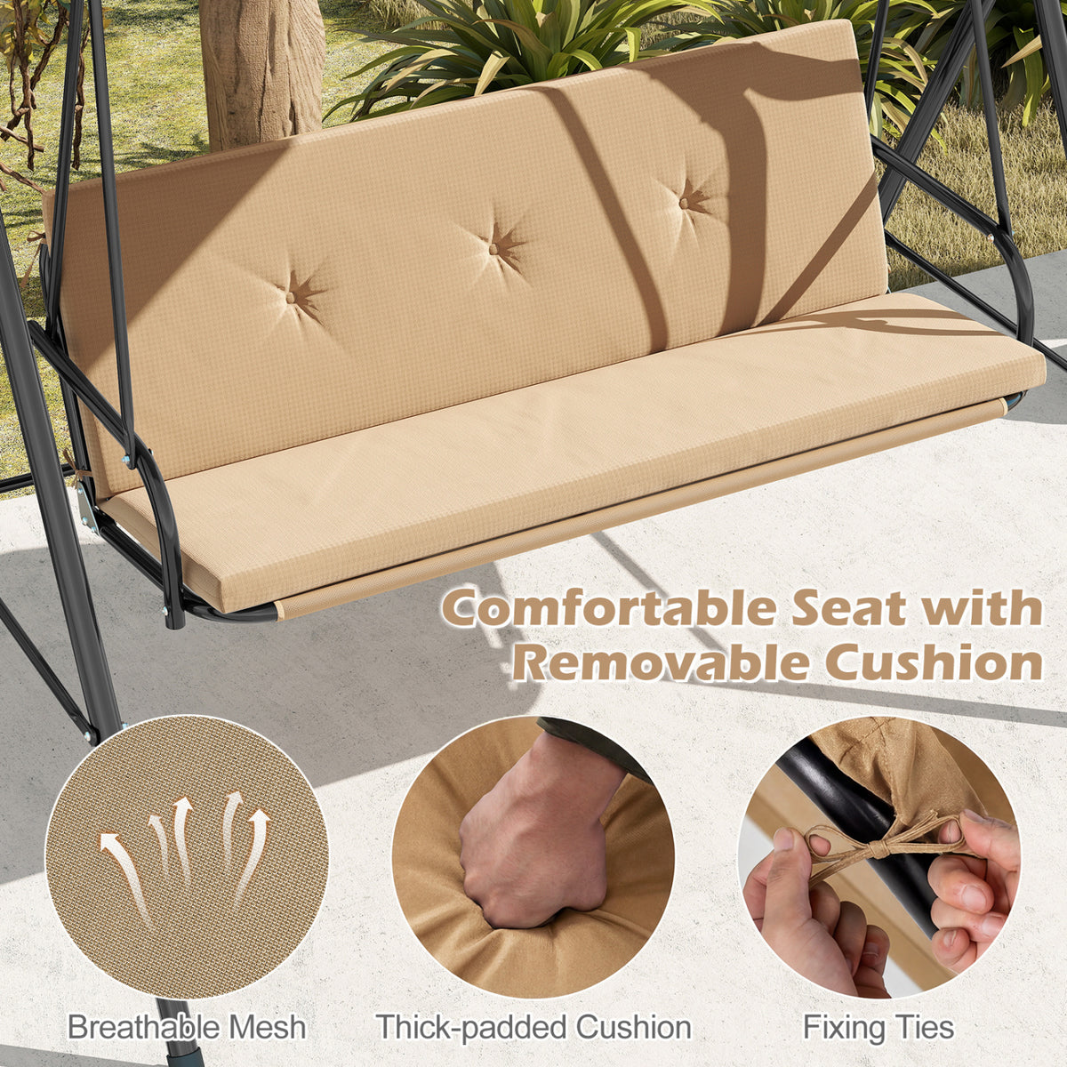Patio Swing Chair with Adjustable Canopy & Removable Cushion and Metal Stand-Beige