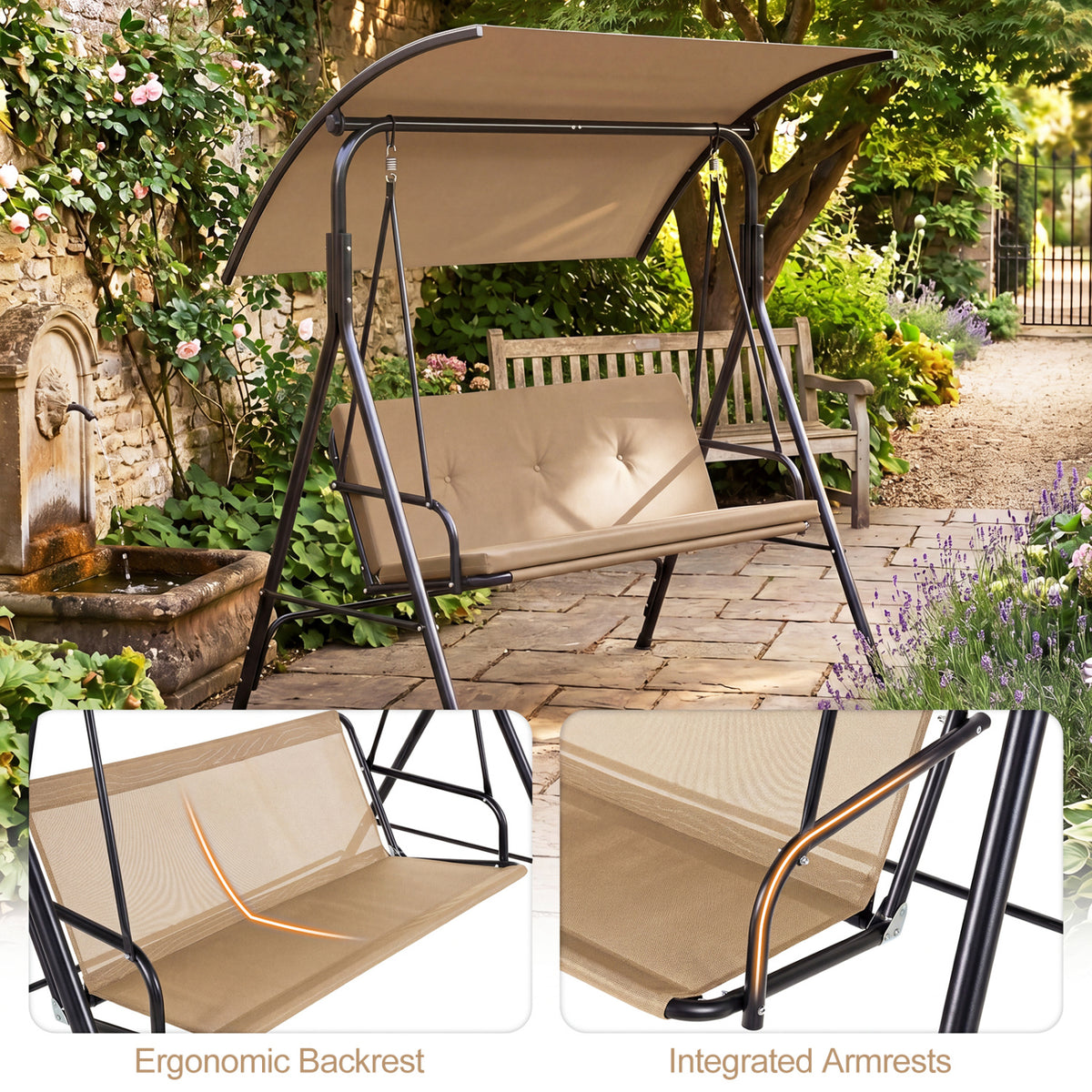Patio Swing Chair with Adjustable Canopy & Removable Cushion and Metal Stand-Beige