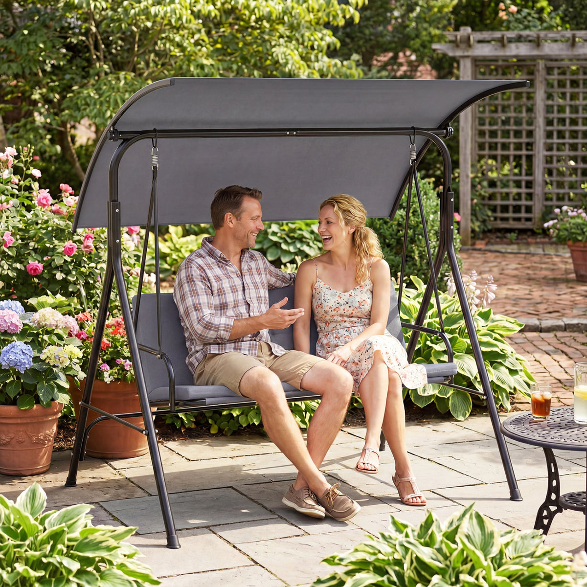 Patio Swing Chair with Adjustable Canopy & Removable Cushion and Metal Stand-Gray