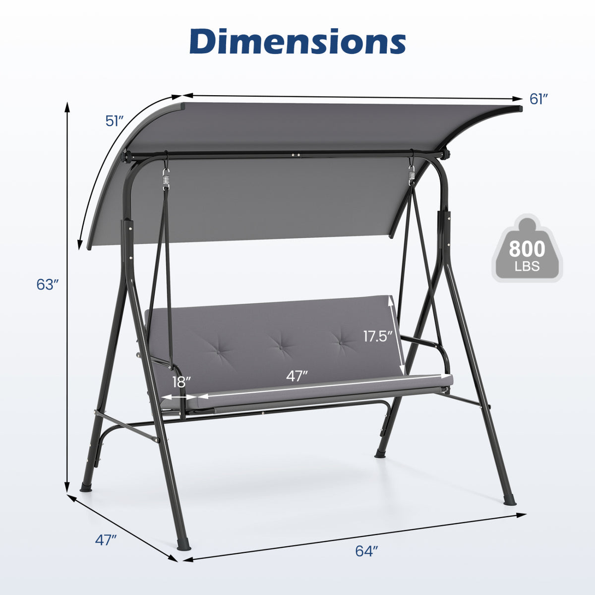 Patio Swing Chair with Adjustable Canopy & Removable Cushion and Metal Stand-Gray