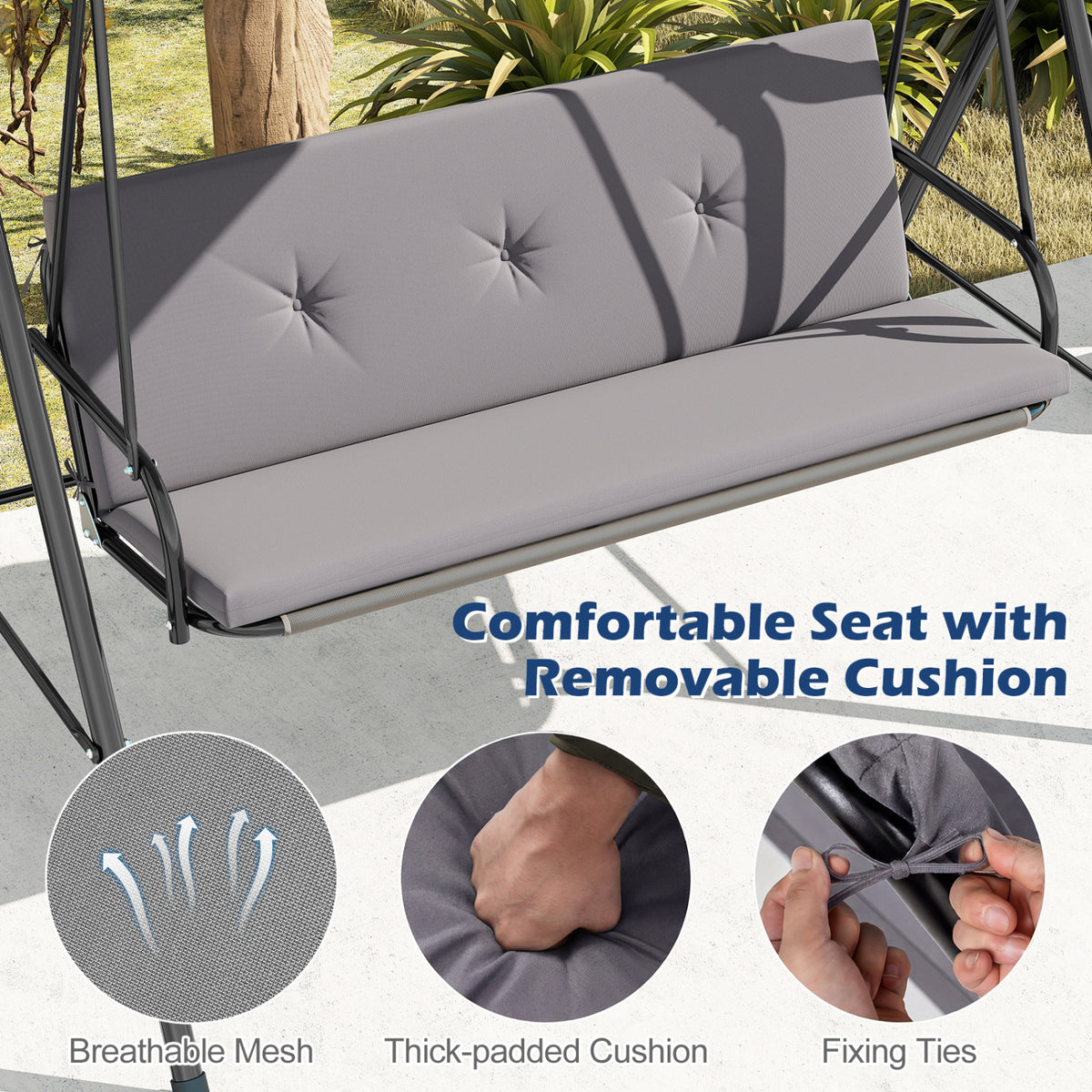Patio Swing Chair with Adjustable Canopy & Removable Cushion and Metal Stand-Gray