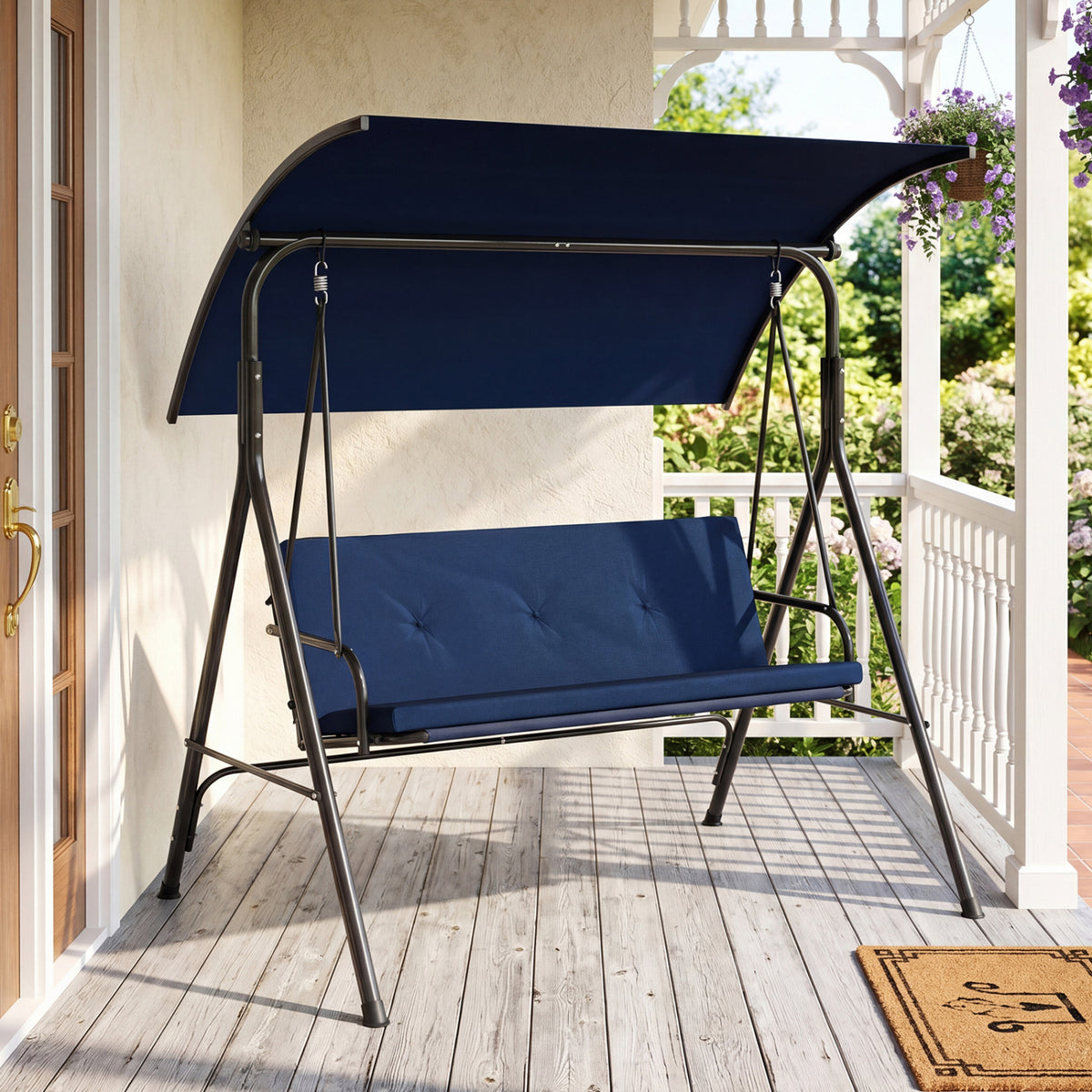 Patio Swing Chair with Adjustable Canopy & Removable Cushion and Metal Stand-Navy