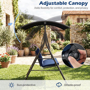 Patio Swing Chair with Adjustable Canopy & Removable Cushion and Metal Stand-Navy