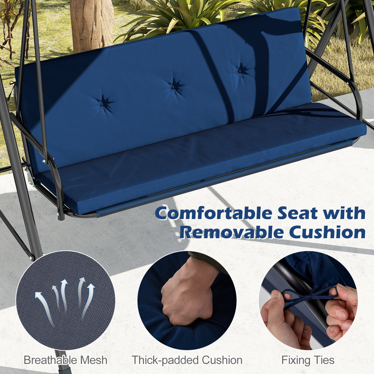 Patio Swing Chair with Adjustable Canopy & Removable Cushion and Metal Stand-Navy