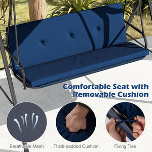 Patio Swing Chair with Adjustable Canopy & Removable Cushion and Metal Stand-Navy