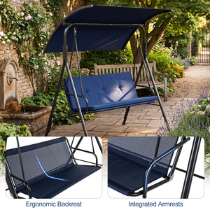 Patio Swing Chair with Adjustable Canopy & Removable Cushion and Metal Stand-Navy