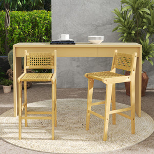 Patio Teak Wood Bar Stool with Rattan Backrest and Seat