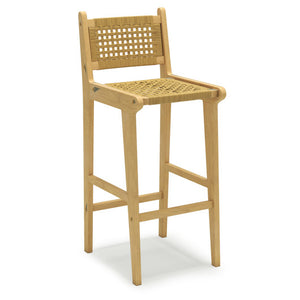 Patio Teak Wood Bar Stool with Rattan Backrest and Seat