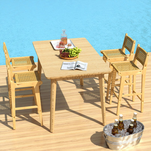 Patio Teak Wood Bar Stool with Rattan Backrest and Seat