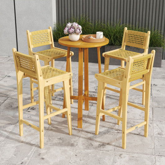 Patio Teak Wood Bar Stool with Rattan Backrest and Seat