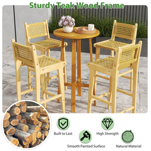 Patio Teak Wood Bar Stool with Rattan Backrest and Seat