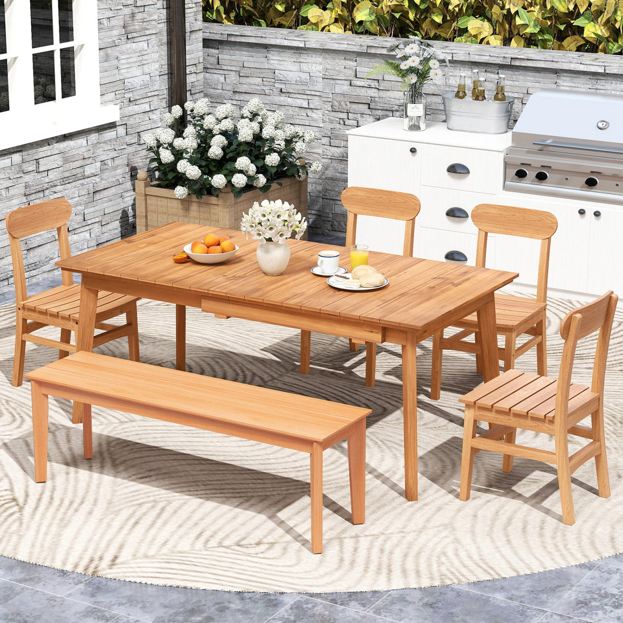 Patio Teak Wood Chair Armless Dining Chair with Slatted Seat