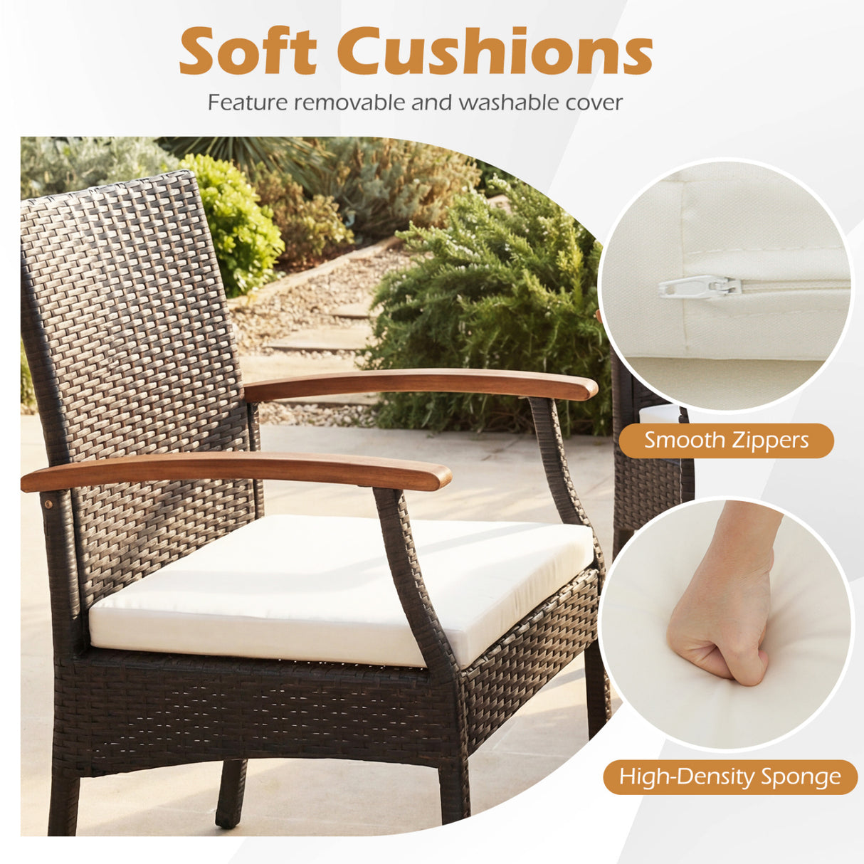 Patio Wicker Chair Set of 2 with Soft Zippered Cushion