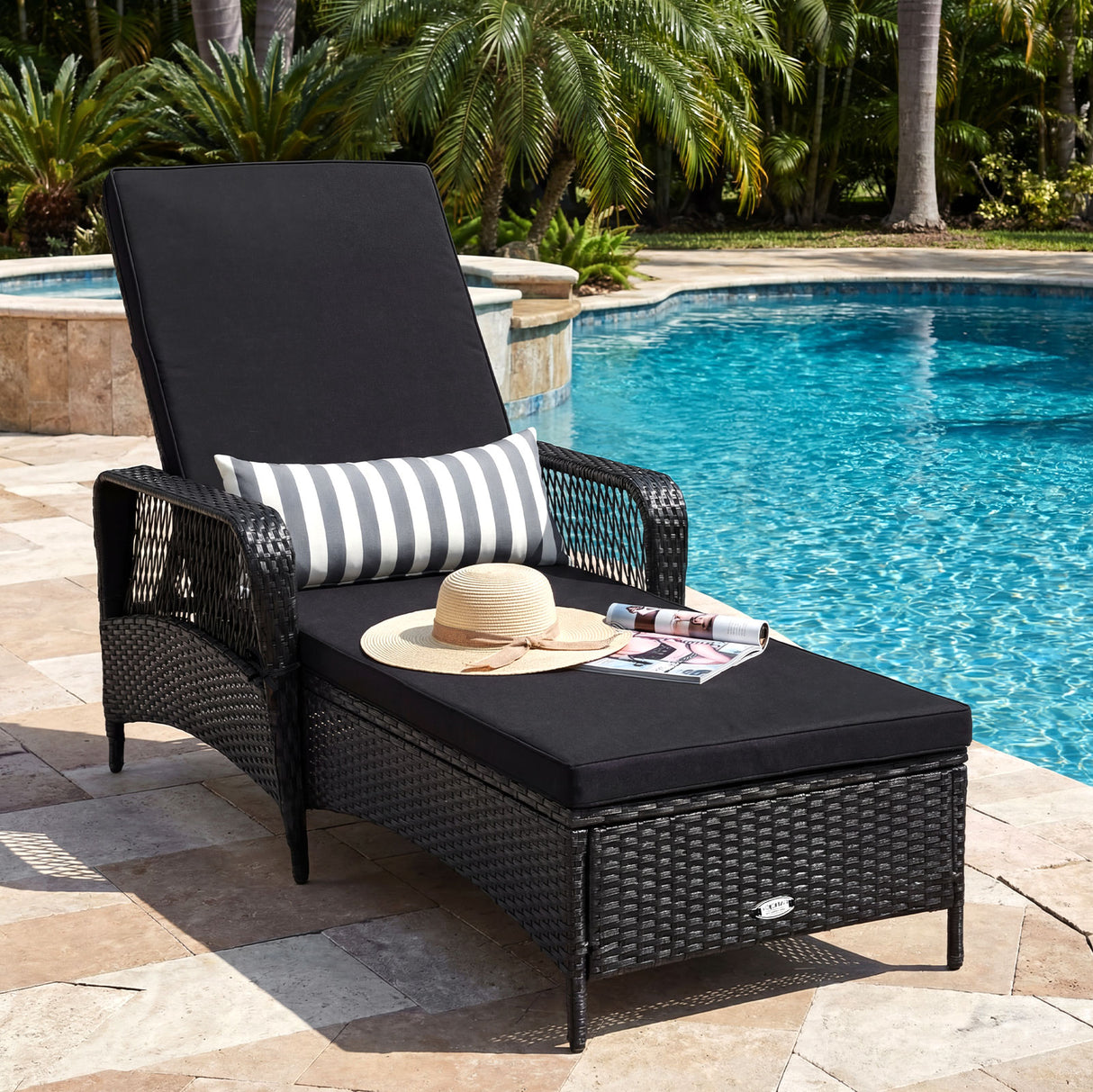Patio Wicker Chaise Lounge Chair with Pillow and Adjustable Backrest with Cushion-Black
