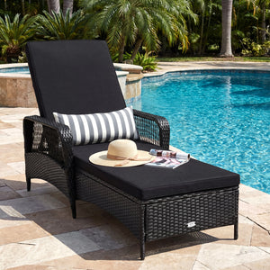 Patio Wicker Chaise Lounge Chair with Pillow and Adjustable Backrest with Cushion-Black