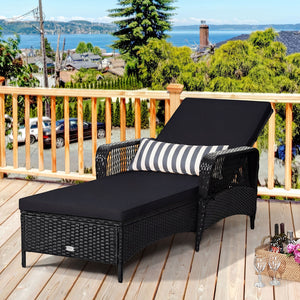 Patio Wicker Chaise Lounge Chair with Pillow and Adjustable Backrest with Cushion-Black