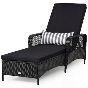 Patio Wicker Chaise Lounge Chair with Pillow and Adjustable Backrest with Cushion-Black