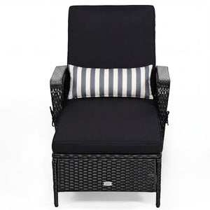 Patio Wicker Chaise Lounge Chair with Pillow and Adjustable Backrest with Cushion-Black