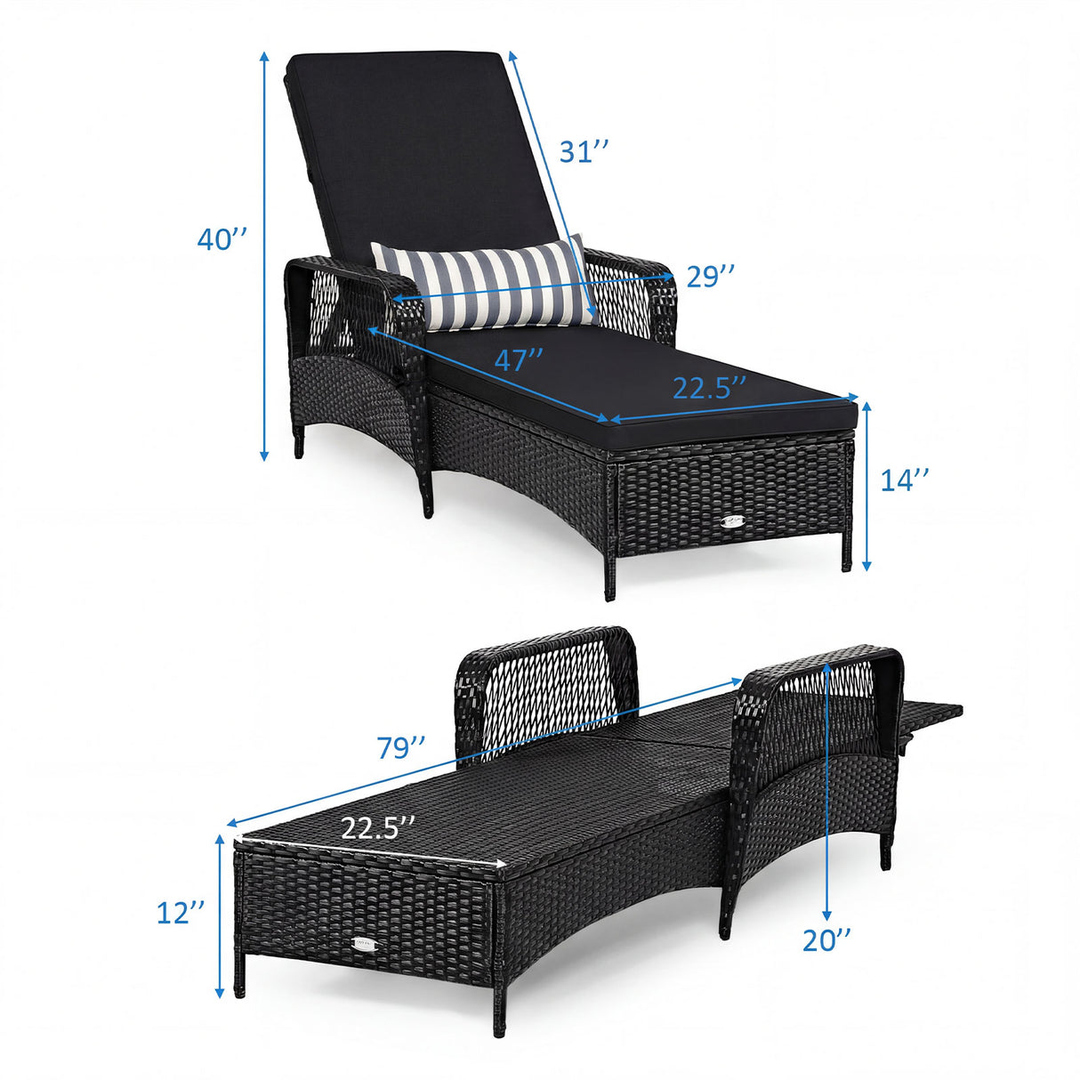 Patio Wicker Chaise Lounge Chair with Pillow and Adjustable Backrest with Cushion-Black