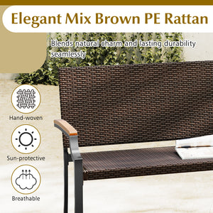 Patio Wicker Loveseat Chair with Acacia Wood Armrests and Metal Frame