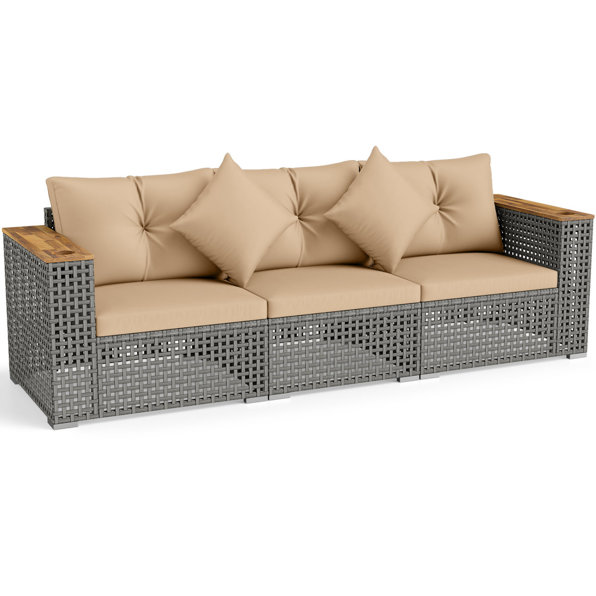 Patio Wicker Sectional Furniture Set with 1 Armless and 2 Corner Sofas for Garden-Beige