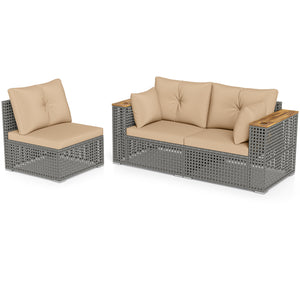 Patio Wicker Sectional Furniture Set with 1 Armless and 2 Corner Sofas for Garden-Beige