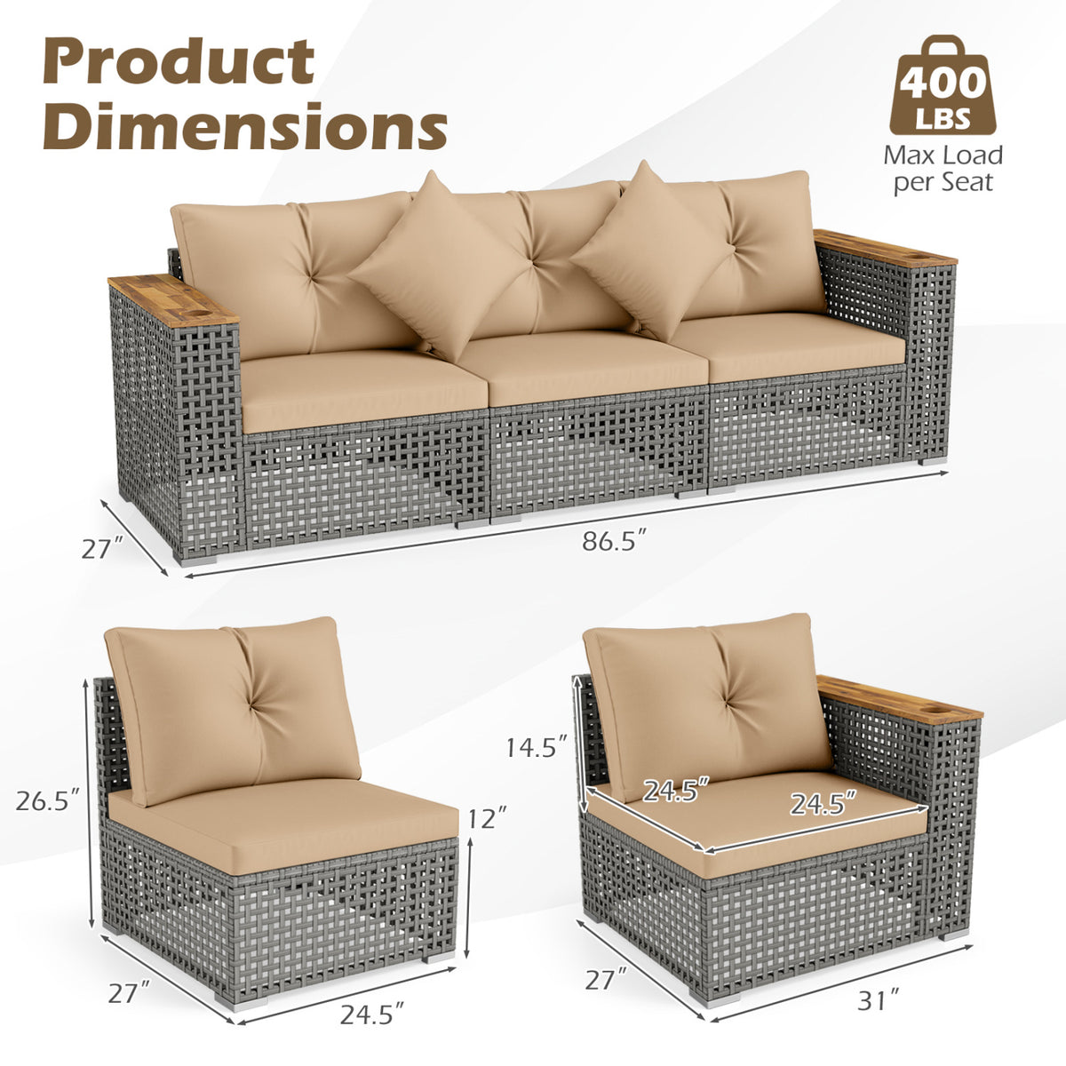 Patio Wicker Sectional Furniture Set with 1 Armless and 2 Corner Sofas for Garden-Beige