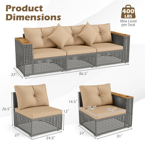Patio Wicker Sectional Furniture Set with 1 Armless and 2 Corner Sofas for Garden-Beige